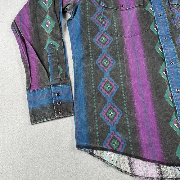 Vintage Wrangler Shirt Men’s Large Aztec Western Snap Brushpopper Rodeo Cowboy - Picture 7 of 16